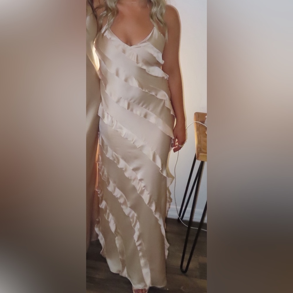 Show me your mumu ruffle dress in champagne.